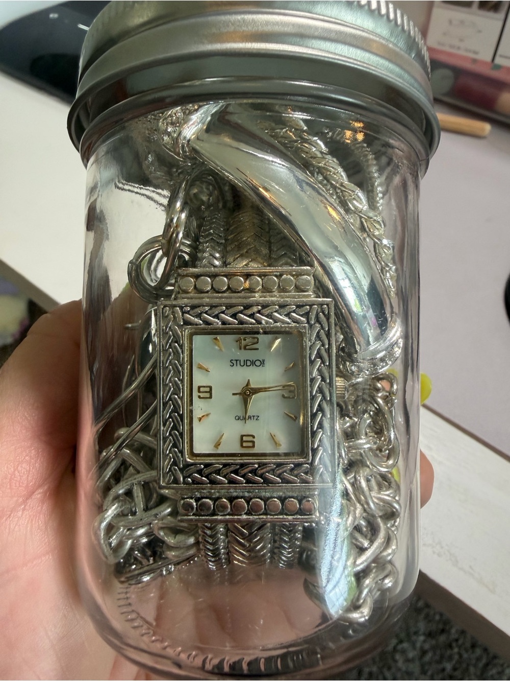 Thrifted Mystery Silver Tone Jewelry Jar